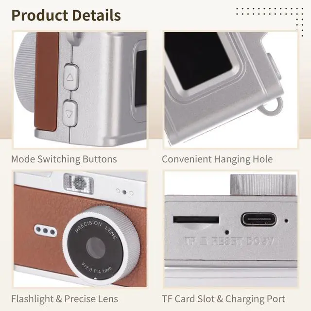 Alt view image 4 of 6 - Mini Retro Camera with Video Recording, Ultra-Compact Digital Camera, Filter Mode, Rechargeable Pocket Camera with 32GB Memory Card, OTG Adapter, 4 Carry Ways for Travel Daily Vlogging