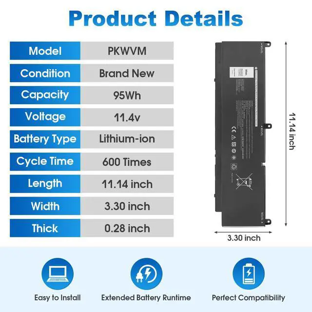 Alt view image 3 of 7 - 95Wh PKWVM Battery Replacement for Dell Precision 7550 7560 7750 7760 | Mobile Workstation Series C903V CR72X 68ND3 0447VR 453-BBCQ P44E P93F P44E001 P44E002 P93F001 P93F002 11.4V 7922mAh