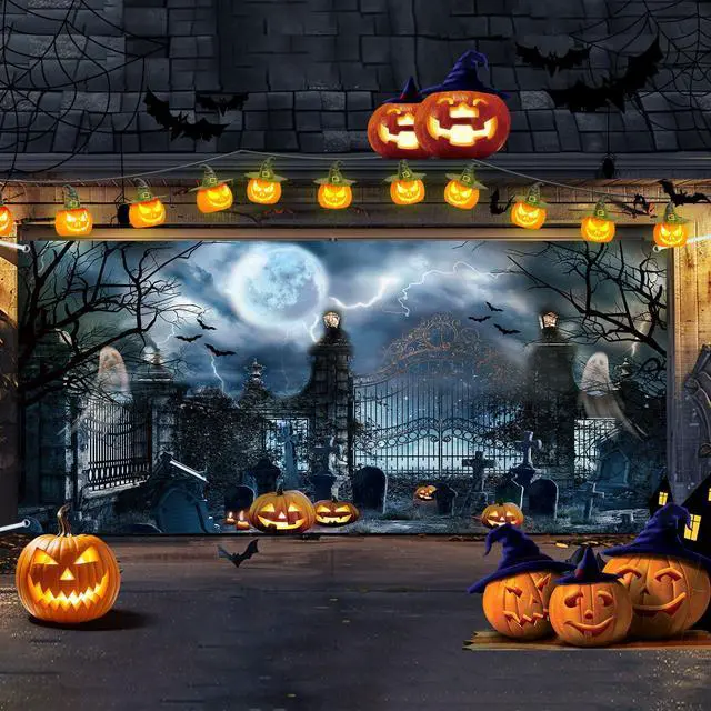 Alt view image 3 of 6 - 13x6ft Halloween Garage Decorations Backdrops Graveyard Scary Cemetary Halloween Garage Door Cover Wall Decorations for Outdoor