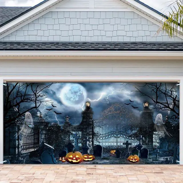 Alt view image 4 of 6 - 13x6ft Halloween Garage Decorations Backdrops Graveyard Scary Cemetary Halloween Garage Door Cover Wall Decorations for Outdoor