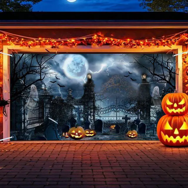 Alt view image 2 of 6 - 13x6ft Halloween Garage Decorations Backdrops Graveyard Scary Cemetary Halloween Garage Door Cover Wall Decorations for Outdoor