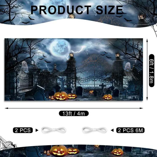 Alt view image 6 of 6 - 13x6ft Halloween Garage Decorations Backdrops Graveyard Scary Cemetary Halloween Garage Door Cover Wall Decorations for Outdoor