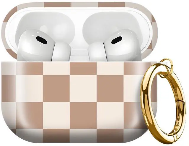 Main image of Compatible with AirPods Pro 3rd Generation 2025 Case Cover with Gold Keychain - Cute Protective Hard AirPod Pro 3 Cases for Women - Beige Coffee Checkered