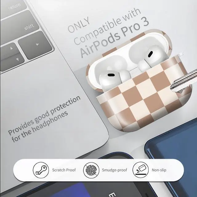 Alt view image 3 of 6 - Compatible with AirPods Pro 3rd Generation 2025 Case Cover with Gold Keychain - Cute Protective Hard AirPod Pro 3 Cases for Women - Beige Coffee Checkered