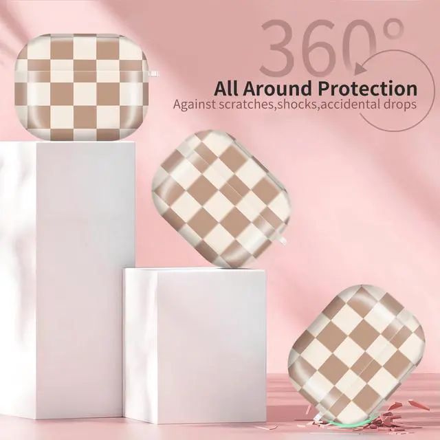 Alt view image 6 of 6 - Compatible with AirPods Pro 3rd Generation 2025 Case Cover with Gold Keychain - Cute Protective Hard AirPod Pro 3 Cases for Women - Beige Coffee Checkered