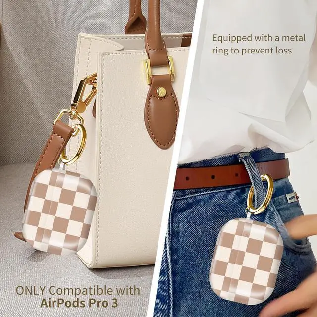 Alt view image 4 of 6 - Compatible with AirPods Pro 3rd Generation 2025 Case Cover with Gold Keychain - Cute Protective Hard AirPod Pro 3 Cases for Women - Beige Coffee Checkered
