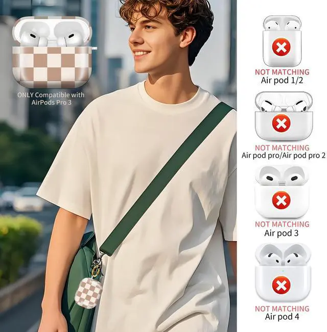 Alt view image 2 of 6 - Compatible with AirPods Pro 3rd Generation 2025 Case Cover with Gold Keychain - Cute Protective Hard AirPod Pro 3 Cases for Women - Beige Coffee Checkered