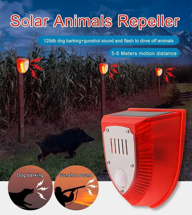 Alt view image 3 of 6 - Solar Security Alarm Lights, 129dB Gunshot Sounds & Dog Barking Sound & Light Strobe Light Warning Lamp for Outdoor Farm Barn