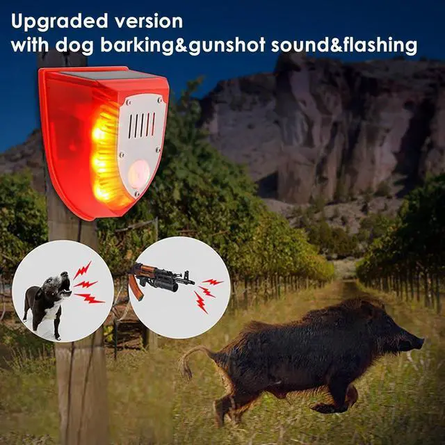 Alt view image 4 of 6 - Solar Security Alarm Lights, 129dB Gunshot Sounds & Dog Barking Sound & Light Strobe Light Warning Lamp for Outdoor Farm Barn