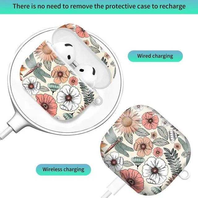 Alt view image 2 of 6 - Compatiable with AirPod 4 Protective Case 2024, Soft Protective Case with Keychain for Women,Cute Shockproof Charging Case Cover for AirPod 4(Boho Flowers and Dragonflies)