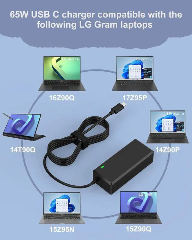 Alt view image 3 of 6 - PD 65W Fast USB C Laptop Charger Compatible with LG Gram Laptop 17" 16" 15" 14" Series Power Adapter