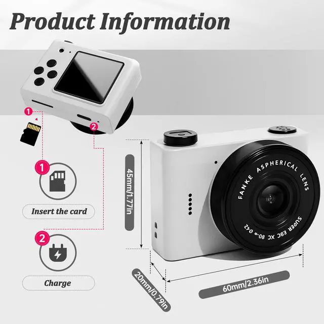 Alt view image 2 of 7 - Mini Digital Camera with 0.96 in LCD Screen1080P 178° Wide Angle Retro Digital Camera with 32GB SD Card USB Card Reader Stickers Dual Cameras Built-in Filters for Travel Study Daily VloggingWhite