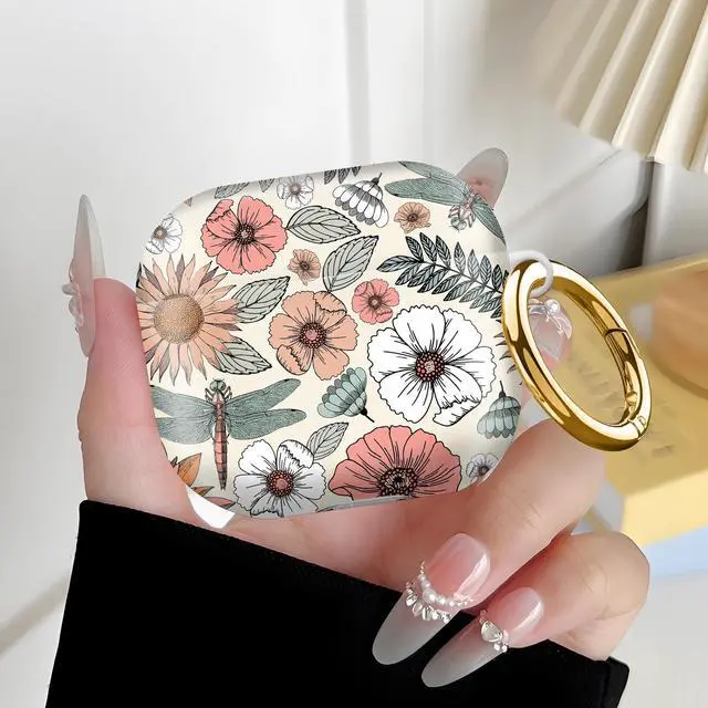 Alt view image 6 of 6 - Compatiable with AirPod 4 Protective Case 2024, Soft Protective Case with Keychain for Women,Cute Shockproof Charging Case Cover for AirPod 4(Boho Flowers and Dragonflies)