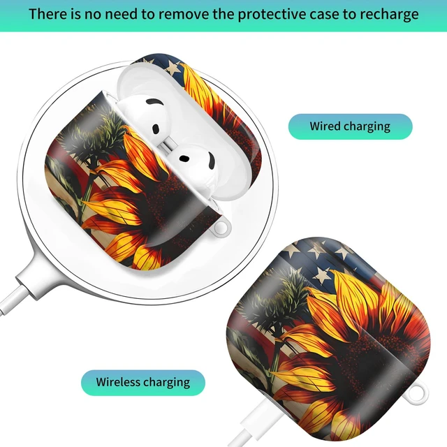 Alt view image 2 of 6 - Compatiable with AirPod 4 Protective Case 2024, Soft Protective Case with Keychain for Women,Cute Shockproof Charging Case Cover for AirPod 4(American Flag Sunflower)