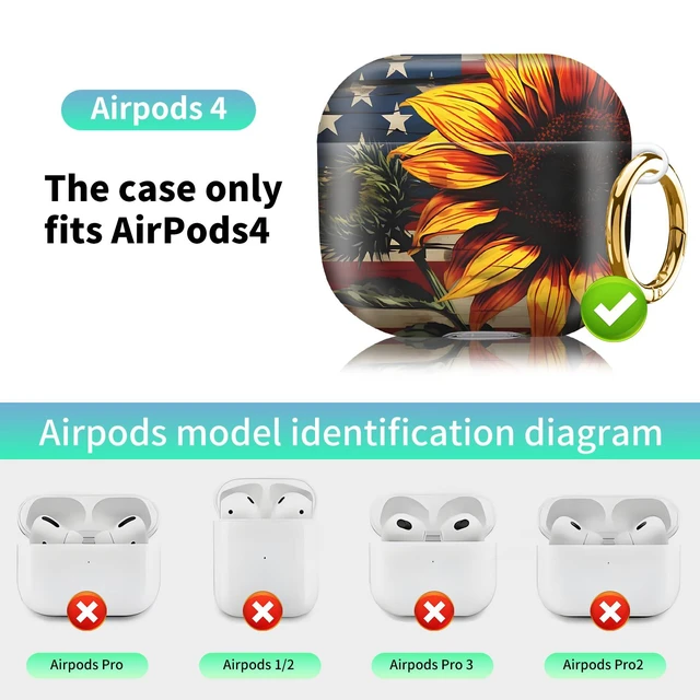 Alt view image 4 of 6 - Compatiable with AirPod 4 Protective Case 2024, Soft Protective Case with Keychain for Women,Cute Shockproof Charging Case Cover for AirPod 4(American Flag Sunflower)