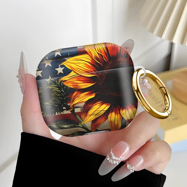Alt view image 6 of 6 - Compatiable with AirPod 4 Protective Case 2024, Soft Protective Case with Keychain for Women,Cute Shockproof Charging Case Cover for AirPod 4(American Flag Sunflower)
