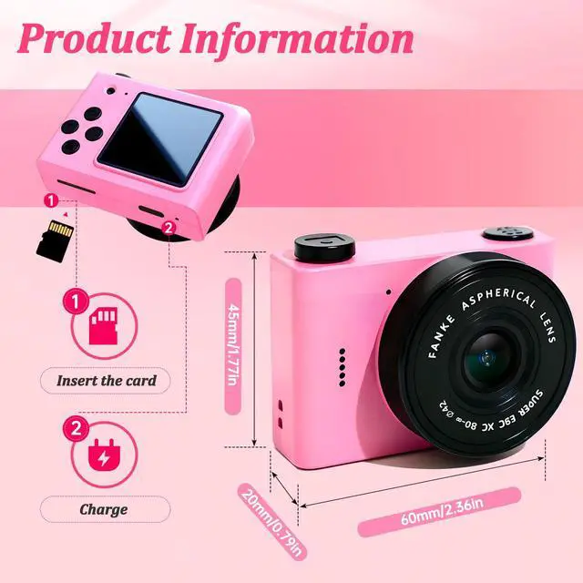 Alt view image 2 of 7 - Mini Digital Camera with 0.96 in LCD Screen1080P 178° Wide Angle Retro Digital Camera with 32GB SD Card USB Card Reader Stickers Dual Cameras Built-in Filters for Travel Study Daily VloggingPink