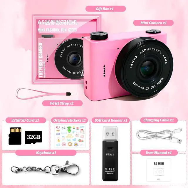 Alt view image 6 of 7 - Mini Digital Camera with 0.96 in LCD Screen1080P 178° Wide Angle Retro Digital Camera with 32GB SD Card USB Card Reader Stickers Dual Cameras Built-in Filters for Travel Study Daily VloggingPink