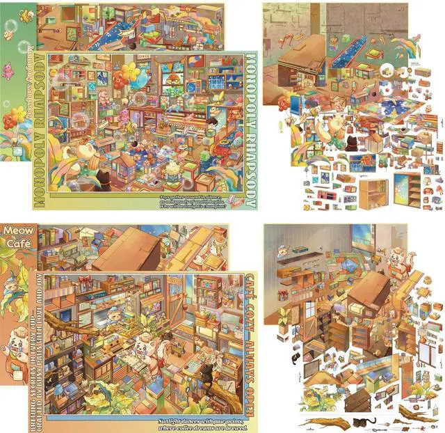 Main image of 2 Sets of Large Size DIY Scene Sticker Sets for Adults, Make Your Own Mini House Landscape Sticker Art, Stress Relief Relaxation Activity - Meow!
