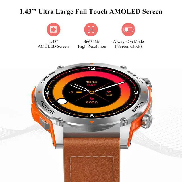 Alt view image 2 of 6 - Smart Watch, 1.43''AMOLED 45mm Military Smartwatch Men Women Answer/Make Call, Digital Fitness Watch, 110+ Sports, Blood Pressure, Heart Rate, Stress Monitor Sports Watch for Android or iOS