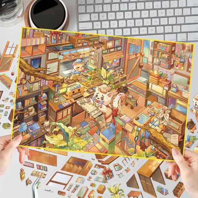 Alt view image 2 of 7 - 2 Sets of Large Size DIY Scene Sticker Sets for Adults, Make Your Own Mini House Landscape Sticker Art, Stress Relief Relaxation Activity - Meow!