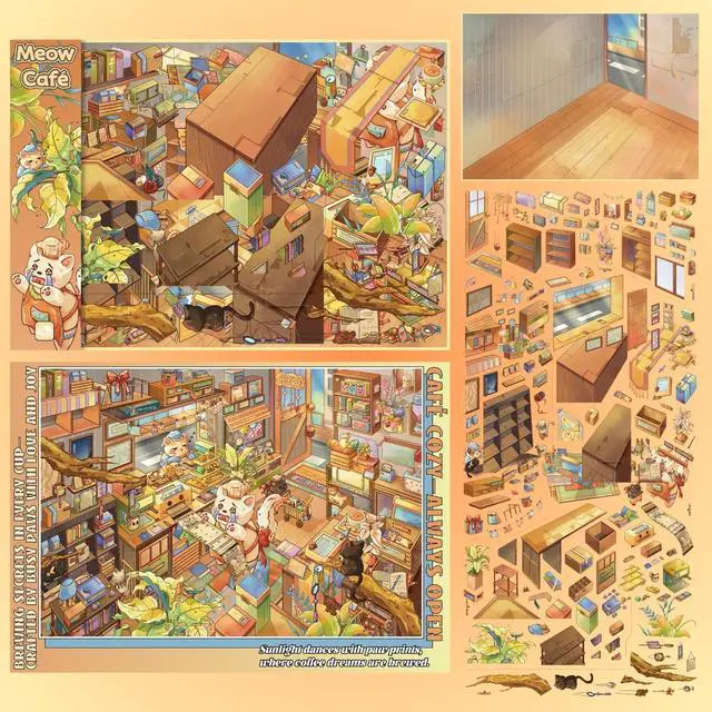 Alt view image 7 of 7 - 2 Sets of Large Size DIY Scene Sticker Sets for Adults, Make Your Own Mini House Landscape Sticker Art, Stress Relief Relaxation Activity - Meow!