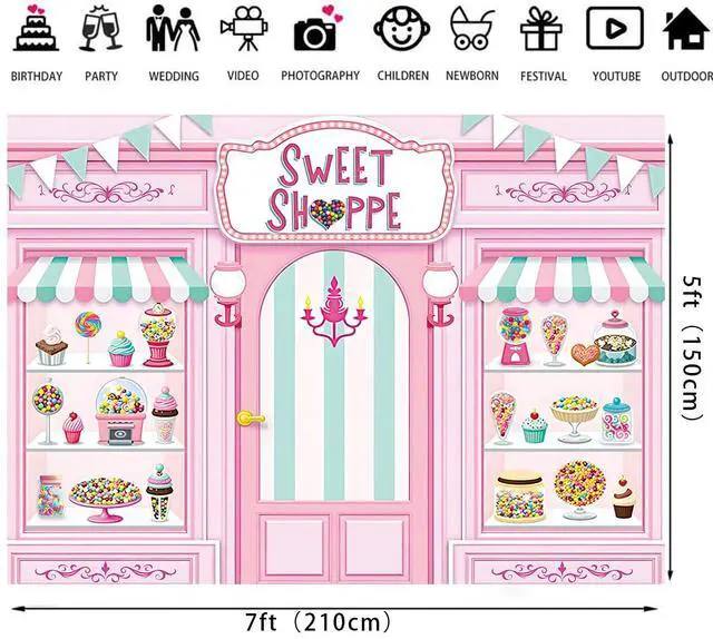 Alt view image 6 of 7 - Sweet Shoppe Backdrop 7x5FT Pink Donut Ice Cream Candy Sweet Shoppe Photography Background Girls Birthday Party Cake Table Decorations