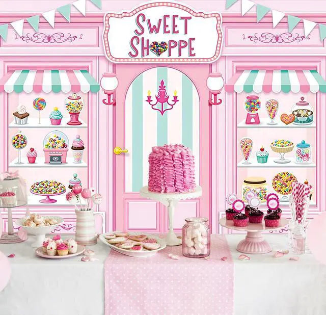 Alt view image 2 of 7 - Sweet Shoppe Backdrop 7x5FT Pink Donut Ice Cream Candy Sweet Shoppe Photography Background Girls Birthday Party Cake Table Decorations