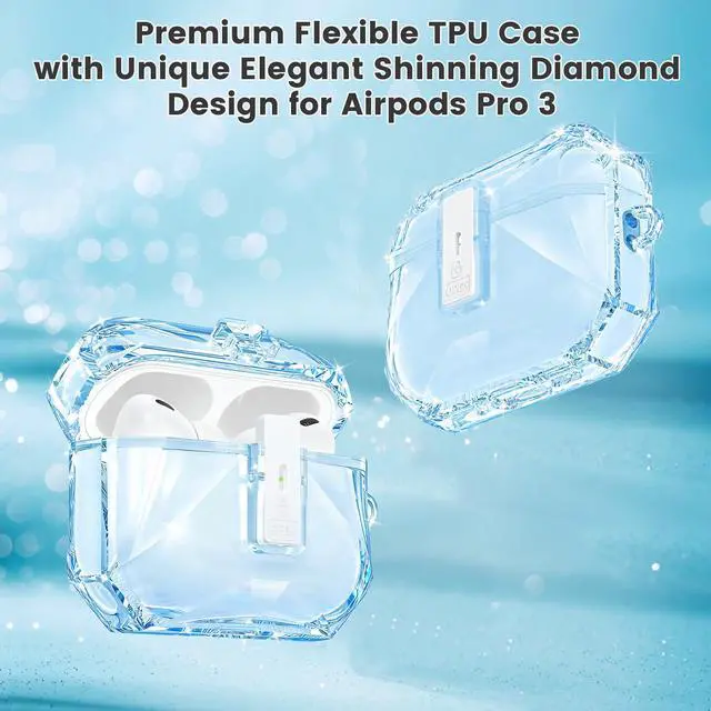 Alt view image 2 of 6 - for Airpods Pro 3 Case Clear,Cute Diamond Design for Airpod Pro 3 | Secure Lock&Auto Pop-up Soft TPU for Airpods pro 3rd Generation Case Cover 2025 with Carabiner&Cleaning Pen,Non Yellow-Blue