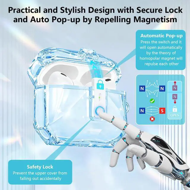Alt view image 3 of 6 - for Airpods Pro 3 Case Clear,Cute Diamond Design for Airpod Pro 3 | Secure Lock&Auto Pop-up Soft TPU for Airpods pro 3rd Generation Case Cover 2025 with Carabiner&Cleaning Pen,Non Yellow-Blue