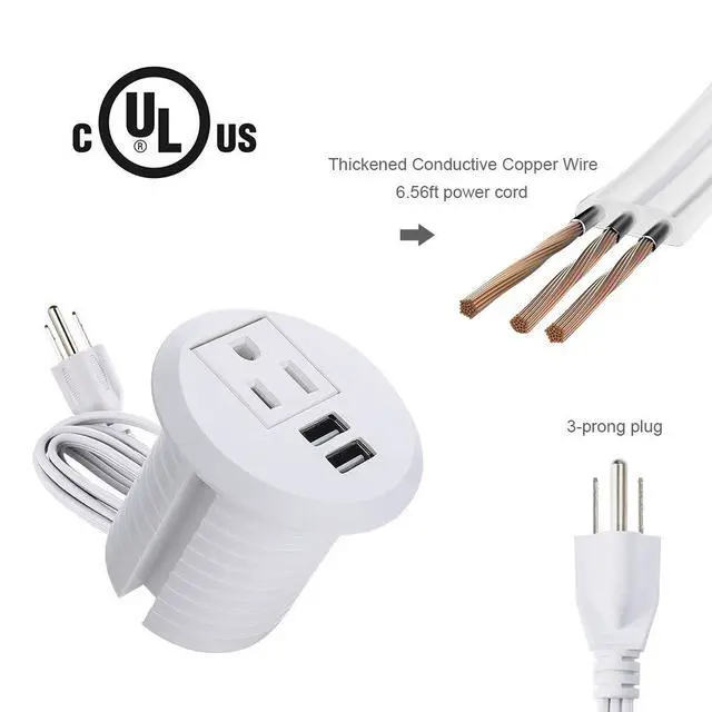 Alt view image 2 of 6 - Desktop Power Grommet,2inch Hole Table Power Grommet Outlet with 2 USB Charging Ports,6.5ft Extension Cord Desk Power Strip with 1 Outlets for Computer,Table,Kitchen,Office,Home