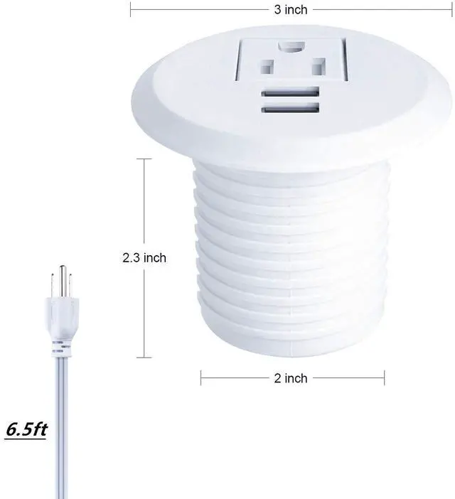 Alt view image 3 of 6 - Desktop Power Grommet,2inch Hole Table Power Grommet Outlet with 2 USB Charging Ports,6.5ft Extension Cord Desk Power Strip with 1 Outlets for Computer,Table,Kitchen,Office,Home