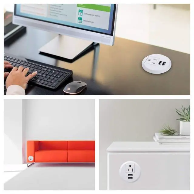 Alt view image 5 of 6 - Desktop Power Grommet,2inch Hole Table Power Grommet Outlet with 2 USB Charging Ports,6.5ft Extension Cord Desk Power Strip with 1 Outlets for Computer,Table,Kitchen,Office,Home