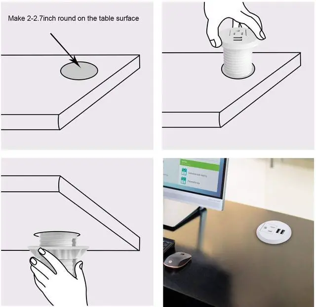 Alt view image 4 of 6 - Desktop Power Grommet,2inch Hole Table Power Grommet Outlet with 2 USB Charging Ports,6.5ft Extension Cord Desk Power Strip with 1 Outlets for Computer,Table,Kitchen,Office,Home