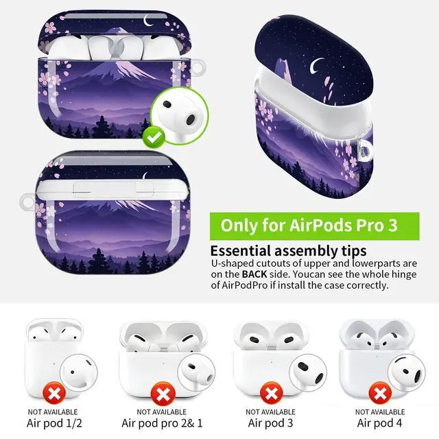 Alt view image 3 of 7 - Hard Protective Case for AirPod Pro 3, Shockproof Durable Shell with Keychain, Cute Stylish Design(Night Sky Mountain Cherry Blossom Moon)