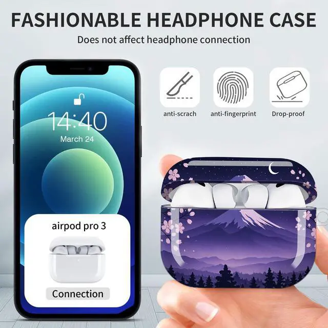 Alt view image 6 of 7 - Hard Protective Case for AirPod Pro 3, Shockproof Durable Shell with Keychain, Cute Stylish Design(Night Sky Mountain Cherry Blossom Moon)