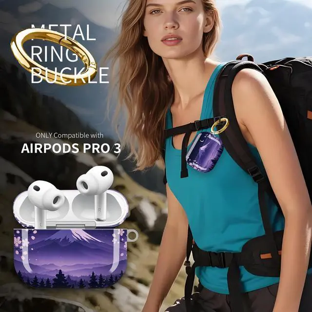 Alt view image 2 of 7 - Hard Protective Case for AirPod Pro 3, Shockproof Durable Shell with Keychain, Cute Stylish Design(Night Sky Mountain Cherry Blossom Moon)
