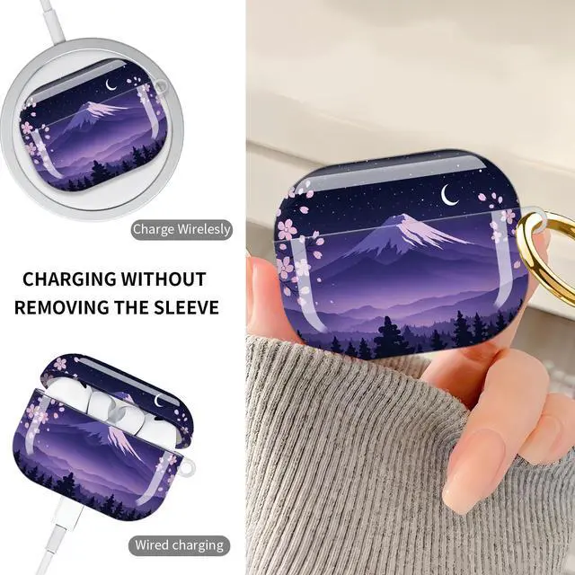 Alt view image 4 of 7 - Hard Protective Case for AirPod Pro 3, Shockproof Durable Shell with Keychain, Cute Stylish Design(Night Sky Mountain Cherry Blossom Moon)