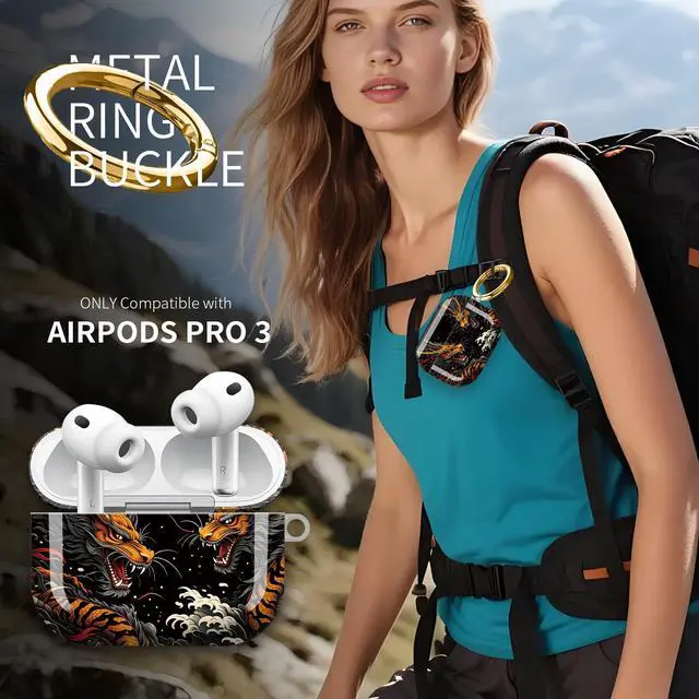 Alt view image 2 of 7 - Hard Protective Case for AirPod Pro 3, Shockproof Durable Shell with Keychain, Cute Stylish Design(Dragon Tiger Clash Clouds Fire)