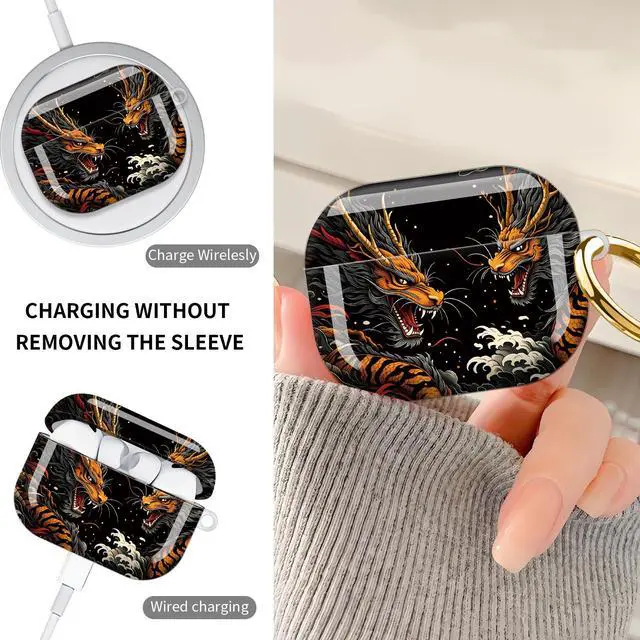Alt view image 4 of 7 - Hard Protective Case for AirPod Pro 3, Shockproof Durable Shell with Keychain, Cute Stylish Design(Dragon Tiger Clash Clouds Fire)