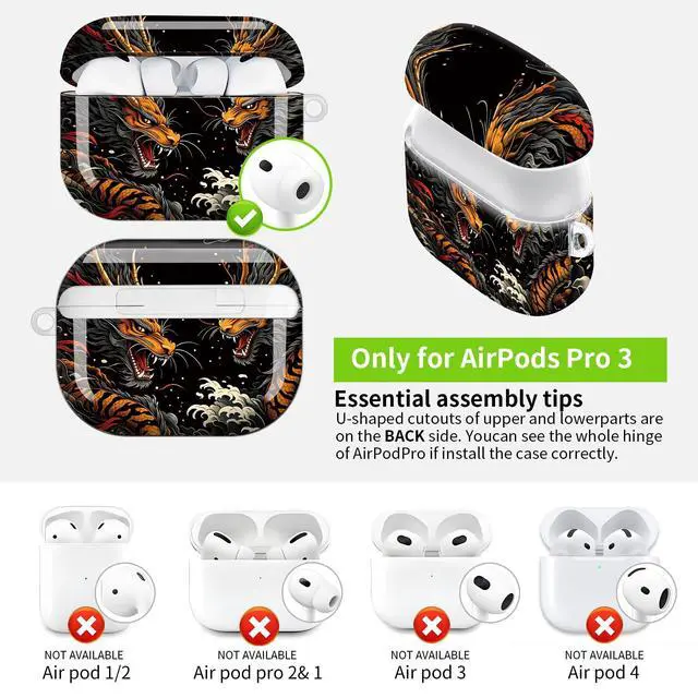 Alt view image 3 of 7 - Hard Protective Case for AirPod Pro 3, Shockproof Durable Shell with Keychain, Cute Stylish Design(Dragon Tiger Clash Clouds Fire)