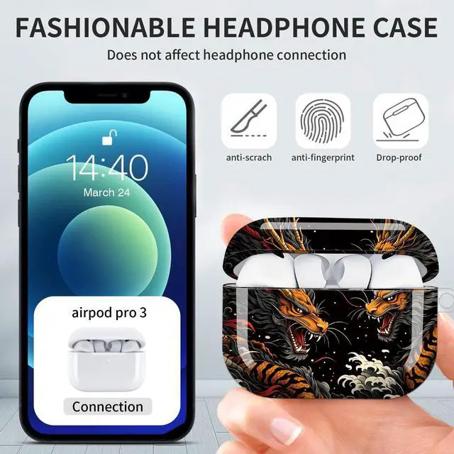 Alt view image 6 of 7 - Hard Protective Case for AirPod Pro 3, Shockproof Durable Shell with Keychain, Cute Stylish Design(Dragon Tiger Clash Clouds Fire)