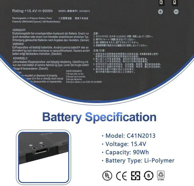 Alt view image 2 of 4 - 90Wh C41N2013 C41N2013-1 Laptop Battery for Asus ROG Strix Scar 15 G533 | Scar17 G733 G17 G713 G15 G513 Zephyrus M16 GU603 G15 GA503 TUF Gaming F15 FX507 A17 FA707 Series 15.4V 5845mAh