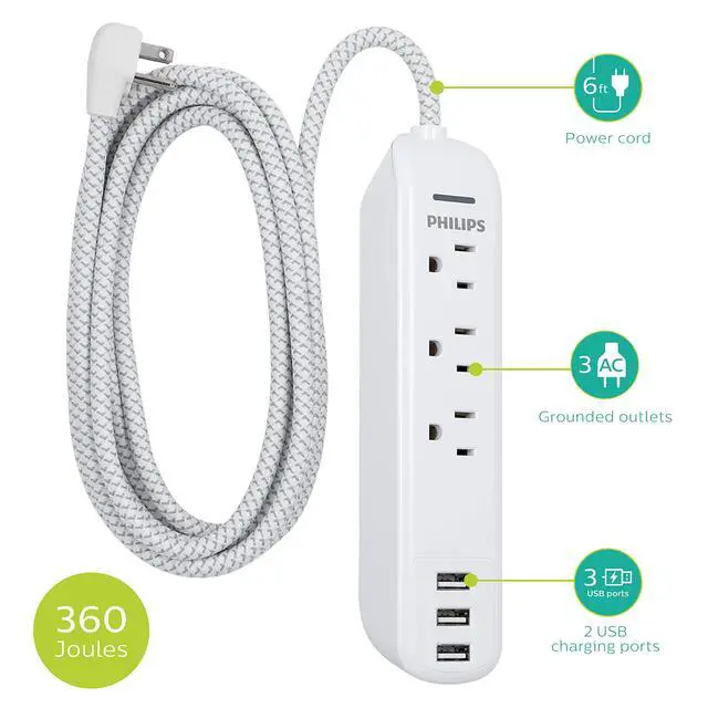 Alt view image 2 of 6 - Surge Protector Power Strip, 3 Outlet Surge Protector, 6Ft Cord Power Strip, Surge Protector with USB Ports, 3-Prong Flat Plug Power Strip, 360J Surge Protector Outlet, White, SPP3306WB/37