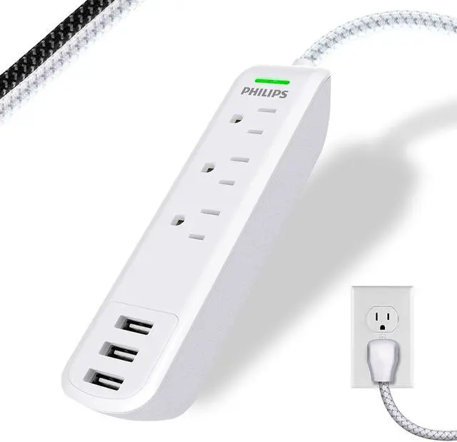 Main image of Surge Protector Power Strip, 3 Outlet Surge Protector, 6Ft Cord Power Strip, Surge Protector with USB Ports, 3-Prong Flat Plug Power Strip, 360J Surge Protector Outlet, White, SPP3306WB/37