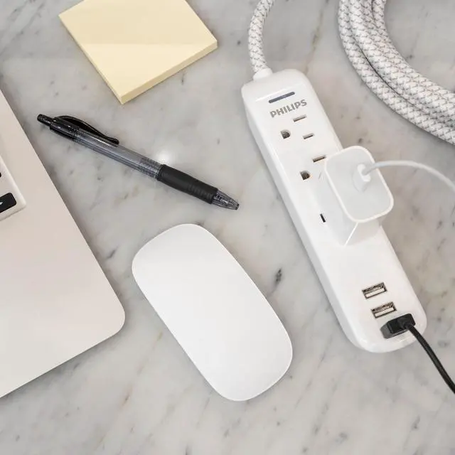 Alt view image 6 of 6 - Surge Protector Power Strip, 3 Outlet Surge Protector, 6Ft Cord Power Strip, Surge Protector with USB Ports, 3-Prong Flat Plug Power Strip, 360J Surge Protector Outlet, White, SPP3306WB/37