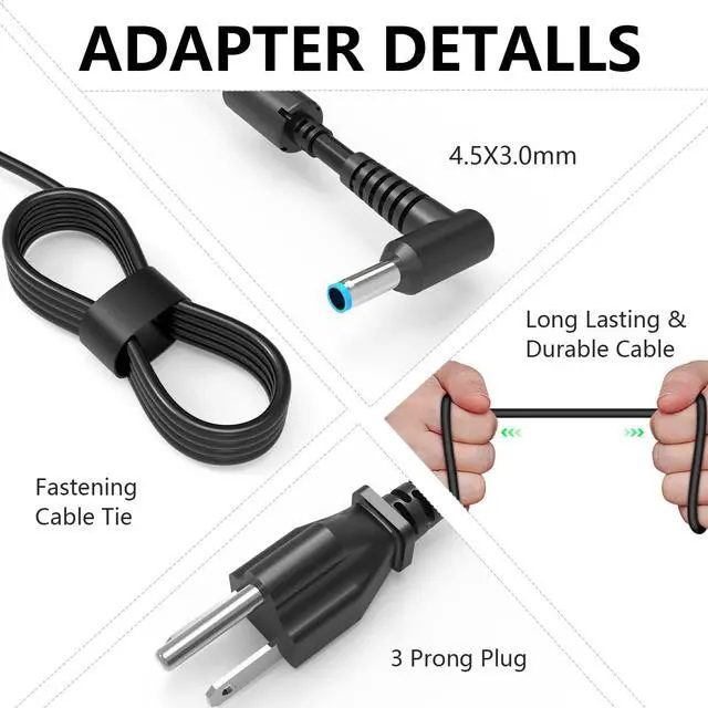 Alt view image 3 of 5 - 65W 45W Laptop Charger Compatible with HP Pavilion 15-F272wm | 15-F387wm 15-F233wm 15-F222wm 15-F211wm 15-F337wm 4.5x3.0mm Smart Blue Tip