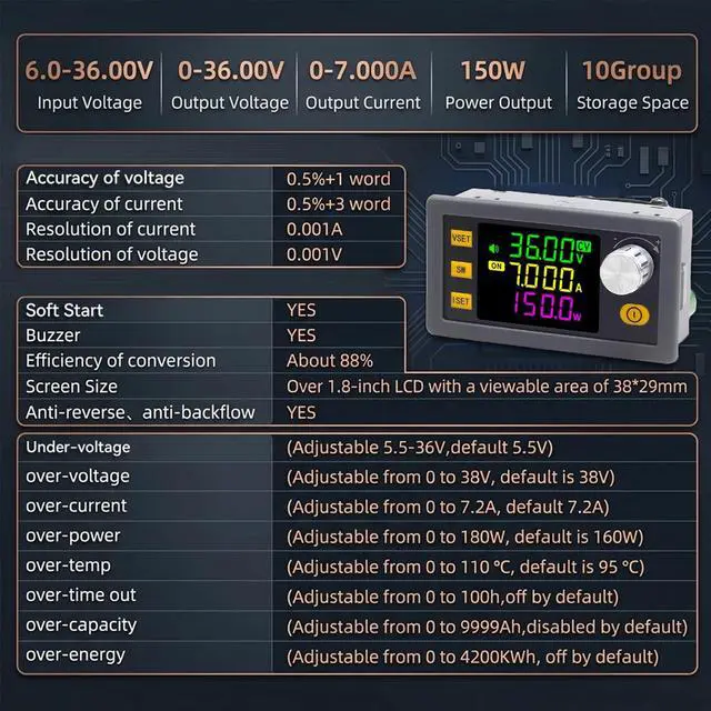 Alt view image 5 of 6 - DC Buck Boost Converter 6-36V to 0-36V Adjustable 150W Power Supply Module with Digital Display Voltage Regulator for DIY, Solar, Car