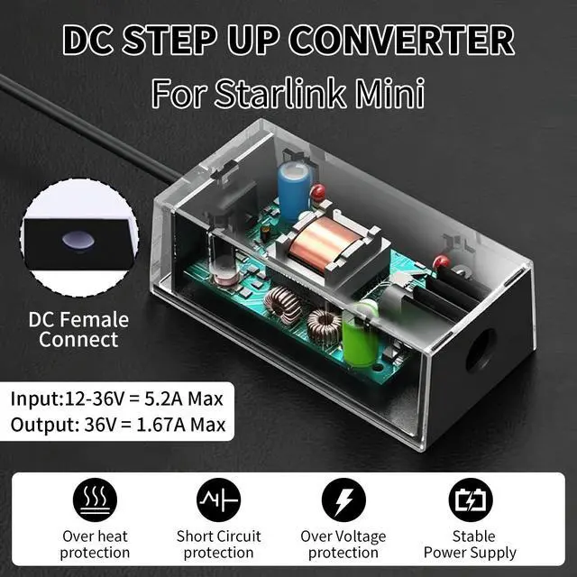 Alt view image 2 of 7 - Starlink Mini 12V Battery Adapter for Truck, RV, Marine | Starlink Mini Step Up Converter 12V-24V to 36V with DC Female Power Cable, StarlinkMini Power Supply for Camping &Off-Grid