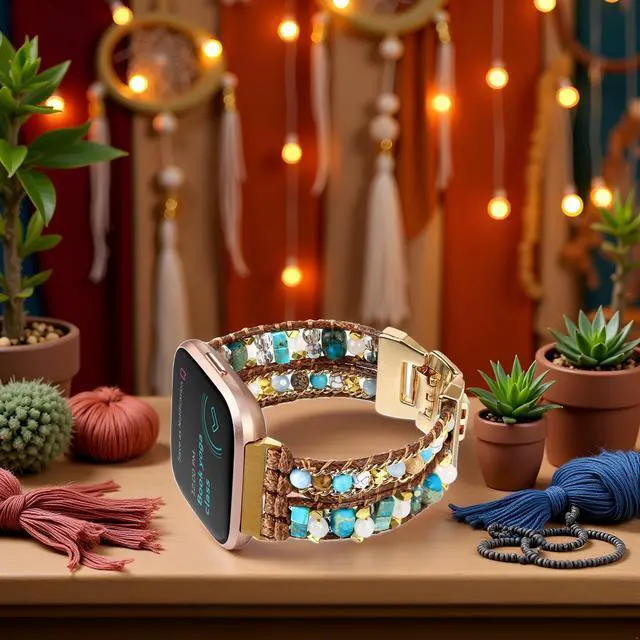 Alt view image 3 of 7 - Boho Braided Bracelet Compatible with Fitbit Versa 4/Versa 3/Sense/Sense 2 Bands for Women, Handmade Woven Beaded Strap for Fitbit Smartwatch